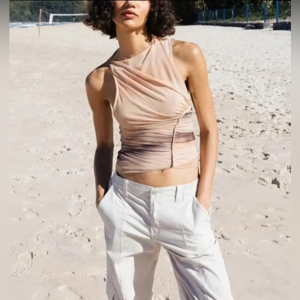 ZARA Asymmetrical Ruched MESH Sleeveless Stretch Lined Top 8030/427 LARGE NEW